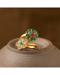 Buddha Stones Double Petals Copper Dripping Turquoise Wealth Ring - Copper Petals