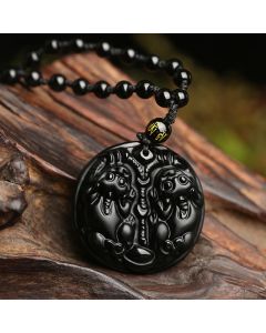 Buddha Stones Black Obsidian Double Pixiu Bead Rope Purification Necklace Pendant - Black Obsidian