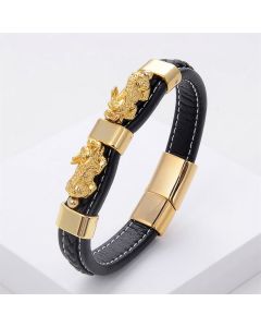 Buddha Stones Double PiXiu Wealth Luck Leather Magnetic Buckle Bracelet - Silver PiXiu / 18-22cm