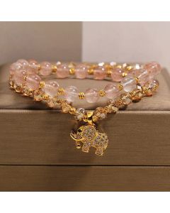 Buddha Stones Double Wrap Strawberry Quartz Elephant Healing Bracelet - Elephant(Strength ♥ Wisdom)