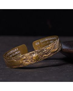 Buddha Stones Dragon And Phoenix Playing With A Pearl Heart Sutra Carved Copper Brass Luck Bracelet Bangle - Polished(Wrist Circumference: 14-18cm)