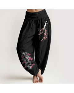 Buddha Stones Dragon Auspicious Clouds Flower Pattern Women's Elastic Waist Harem Cotton Pants - OliveDrab / US22，UK/AU26，EU54 (6XL)