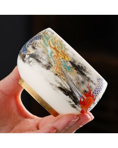 Buddha Stones Dragon Playing With Pearl Design White Porcelain Ceramic Teacup Kung Fu Tea Cup 160ml - Black Dragon 8.2cm*5.6cm*160ml