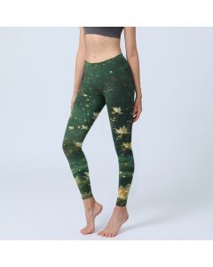 Buddha Stones Dreamlike Lotus Flower Leaf Print Gym Leggings Women's Yoga Pants - DarkGreen / US8-10，UK/AU12-14，EU40-42 (L)