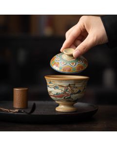 Buddha Stones Dunhuang Flying Apsaras Ceramic Gaiwan Sancai Teacup Kung Fu Tea Cup With Lid - Dunhuang Flying Apsaras Gaiwan Teacup 8.8cm*9cm*150ml
