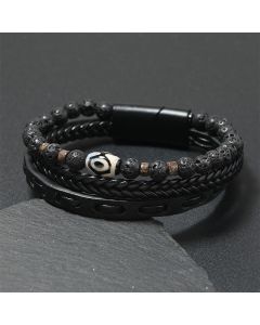 Buddha Stones Dzi Bead Lava Rock Multilayered Braided Leather Wealth Bracelet - Coffee-Colored Leather(Wrist Circumference: 18-19cm)