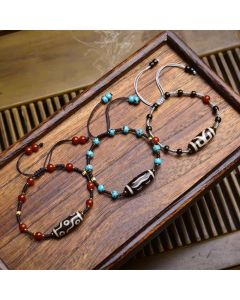 Buddha Stones Dzi Beads South Red Agate Braided Rope Protection Bracelet - Coconut Bead(Wrist Circumference:17-23cm)