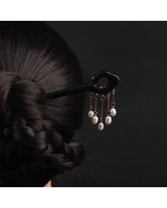 Buddha Stones Ebony Auspicious Cloud Pearl Tassel Protection Hairpin - Ebony Hairpin