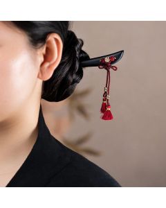 Buddha Stones Ebony Red String Chinese Knot Tassel Protection Hairpin - Ebony Hairpin