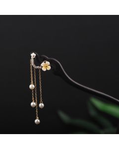 Buddha Stones Ebony Shell Flower Pearl Tassel Blessing Hairpin - Ebony Hairpin