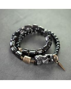 Buddha Stones Ebony Wood Black Obsidian Copper Brass Peace Double Wrap Bracelet - Ebony Wood Black Obsidian Brass(Wrist Circumference: 17-17.5cm)