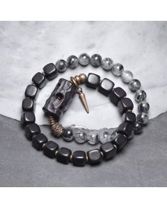 Buddha Stones Ebony Wood Black Rutilated Quartz Copper Brass Double Wrap Balance Bracelet - Ebony Wood Black Rutilated Quartz Brass(Wrist Circumference: 17-17.5cm)