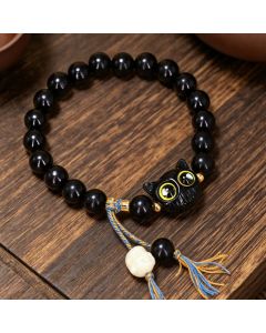 Buddha Stones Ebony Wood Cat Charm Braided Round Balance Bracelet - Ebony Wood(Balance ♥ Calm)