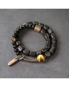 Buddha Stones Ebony Wood Copper Brass Tiger Eye Peace Double Wrap Bracelet - Ebony Wood Brass Tiger Eye(Wrist Circumference: 17-17.5cm)