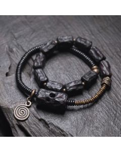Buddha Stones Ebony Wood Copper Brass Red Agate Peace Double Wrap Bracelet - Ebony Wood Brass Red Agate / 17-17.5cm