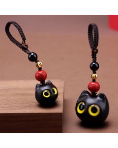 Buddha Stones Ebony Wood Cute Cat Grounding Hand Carved Peace Keychains - Small Cat Plain Rope