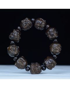 Buddha Stones Ebony Wood Eighteen Arhats Lotus Dragon Engraved Balance Bracelet - 20mm*9 Beads(Dragon)