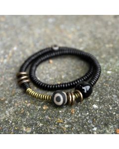 Buddha Stones Ebony Wood Green Sandalwood Copper Brass Dzi Bead Black Onyx Calm Double Wrap Bracelet - Green Sandalwood Brass Dzi Bead Black Onyx / 17-17.5cm