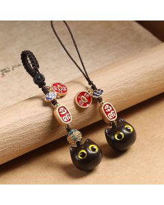 Buddha Stones Ebony Wood Lucky Cat Auspicious Cloud Peace Key Chain Phone Hanging Decoration - Blue Eyes Cat / Phone Hanging Decoration