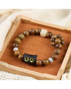 Buddha Stones Ebony Wood Lucky Cat Grounding Beaded Bracelet - Black Lucky Cat