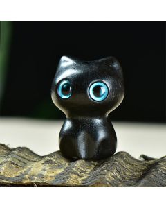Buddha Stones Ebony Wood Small Leaf Red Sandalwood Cute Cat Animals Calm Decoration - Rainbow Eucalyptus (33*24*21mm)