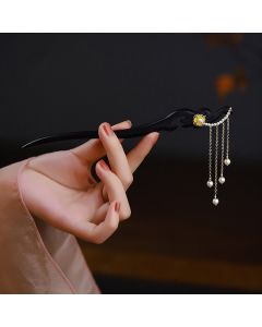 Buddha Stones Ebony Wood Yellow Flower Pearl Tassels Hairpin - Ebony Wood(Balance♥Calm)