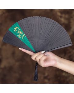 Buddha Stones Elegant Bamboo Golden Branch Ink Bamboo Pattern Folding Fan with Tassel - Full Bamboo Golden Branch Ink Bamboo(Closed Size: Approx.18 cm/7.1 in)