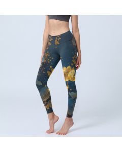 Buddha Stones Elegant Dignified Lotus Flower Leaf Spot Pattern Print Gym Leggings Women's Yoga Pants - SteelBlue / US18，UK/AU22，EU50 (4XL)