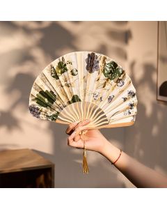 Buddha Stones Elegant Floral Ink Pattern Tassel Chinese Style Bamboo Folding Fan 21 cm - Beige Floral Fan(Closed Size: Approx. 21 cm / 8.3 in)