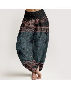 Buddha Stones Cotton Elegant Mandala Flowers Design Women's Elastic Waist Harem Pants - OliveDrab / US2，UK/AU6，EU34 (XS)