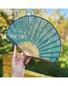 Buddha Stones Elegant Vintage Mesh Pattern Shell Shape Bamboo Folding Fan - Peacock Blue(Closed Size: Approx. 21.5 cm / 8.5 in)