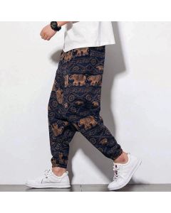 Buddha Stones Elephant Brown Black Print Men's Long Cropped Harem Pants With Pockets - Cropped Style Elephant / US/UK/AU38，EU48 (XL)