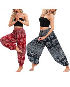 Buddha Stones Elephant Geometry Pattern Casual Loose Harem Trousers Women's Yoga Pants - Black-US4-8/10，UK/AU8-12/14，EU36-40/42 (F)