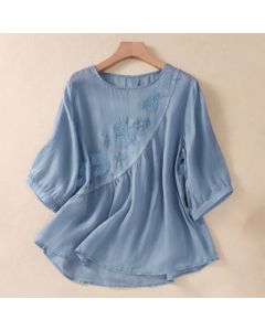 Buddha Stones Embroidered Flower Crew Neck Design Women's Half Sleeve Shirt - PapayaWhip / US8-10，UK/AU12-14，EU40-42 (2XL)