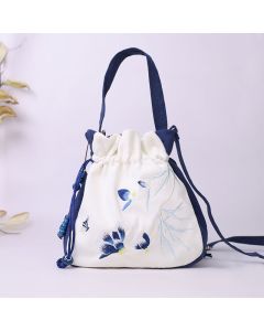 Buddha Stones Embroidered Butterfly Lotus Magnolia Cotton Linen Tote Crossbody Bag Shoulder Bag Handbag - Blue Beige Crane 20*20*7cm