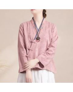 Buddha Stones Embroidered Flowers Grass Frog-Button Long Sleeve Cotton Women's Shirt - Pink / US2，UK/AU6，EU34 (L)