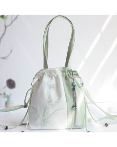 Buddha Stones Embroidered Grass Flowers Cherry Blossom Canvas Tote Crossbody Bag Shoulder Bag Handbag - Green White Grass Triple Patchwork 28*30cm