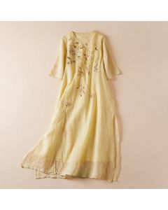 Buddha Stones Embroidered Leaf Crew Neck Half Sleeve Fiber Midi Dress - Pink / US8-10，UK/AU12-14，EU40-42 (2XL)