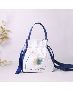 Buddha Stones Embroidered Lotus Koi Fish Crane Camellia Cotton Linen Tote Crossbody Bag Shoulder Bag Handbag - Navy Blue White Camellia 20*20*7cm