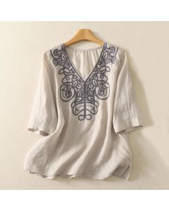 Buddha Stones Embroidered V-neck Casual Women's Half Sleeve T-shirt - PaleTurquoise / US6，UK/AU10，EU38 (M)