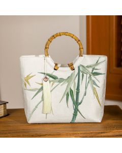 Buddha Stones Embroidery Bamboo Handle Tassel Handbags - White Bamboo Embroidery 26*22*8.5cm