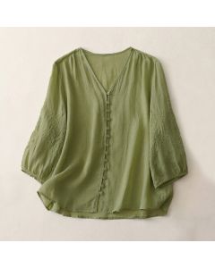 Buddha Stones Embroidery Button-down Women's Shirt - LightSalmon / US8-10，UK/AU12-14，EU40-42 (2XL)