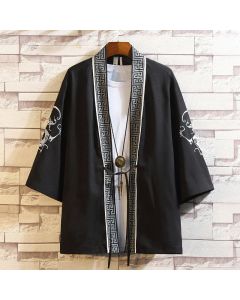 Buddha Stones Embroidery Dragon Phoenix Auspicious Cloud Waves Leaves Cranes Open Front Jacket Men's Kimono - Golden Dragon Phoenix-White / US/UK/AU42，EU52 (3XL)