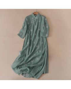 Buddha Stones Embroidery Flower Frog-Button Stand Collar Side Slit Short Sleeve Maxi Dress - SeaGreen / US4，UK/AU8，EU36 (L)