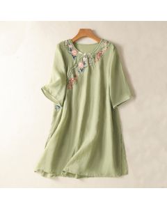 Buddha Stones Embroidery Flower Hem Slit Design Half Sleeve Cotton Linen Zen Midi Dress - LightGreen / US4，UK/AU8，EU36 (L)
