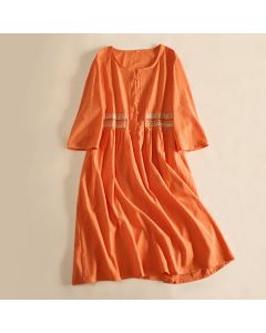 Buddha Stones Embroidery Geometry Half Sleeve Women's Midi Dress With Pockets - Orange / US14，UK/AU18，EU46 (4XL)