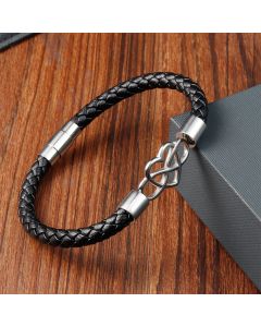 Buddha Stones Endless Knot Heart Leather Titanium Steel Strength Buckle Bracelet - Black(Wrist Circumference: 17-19cm)