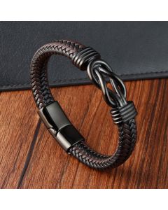 Buddha Stones Endless Knot Pattern Titanium Steel Balance Leather Buckle Bracelet - Silver(Wrist Circumference: 18-20cm)