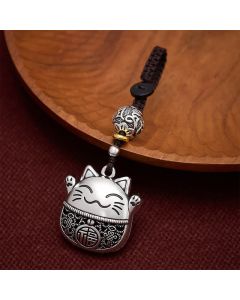 Buddha Stones Engraved Copper Fu Character Lucky Cat Braided Balance Keychains - Silvery Lucky Cat