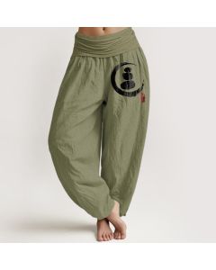 Buddha Stones Ensō Circle Stacked Stones Pattern Women's Elastic Waist Harem Cotton Pants - OliveDrab / US6，UK/AU10，EU38 (M)